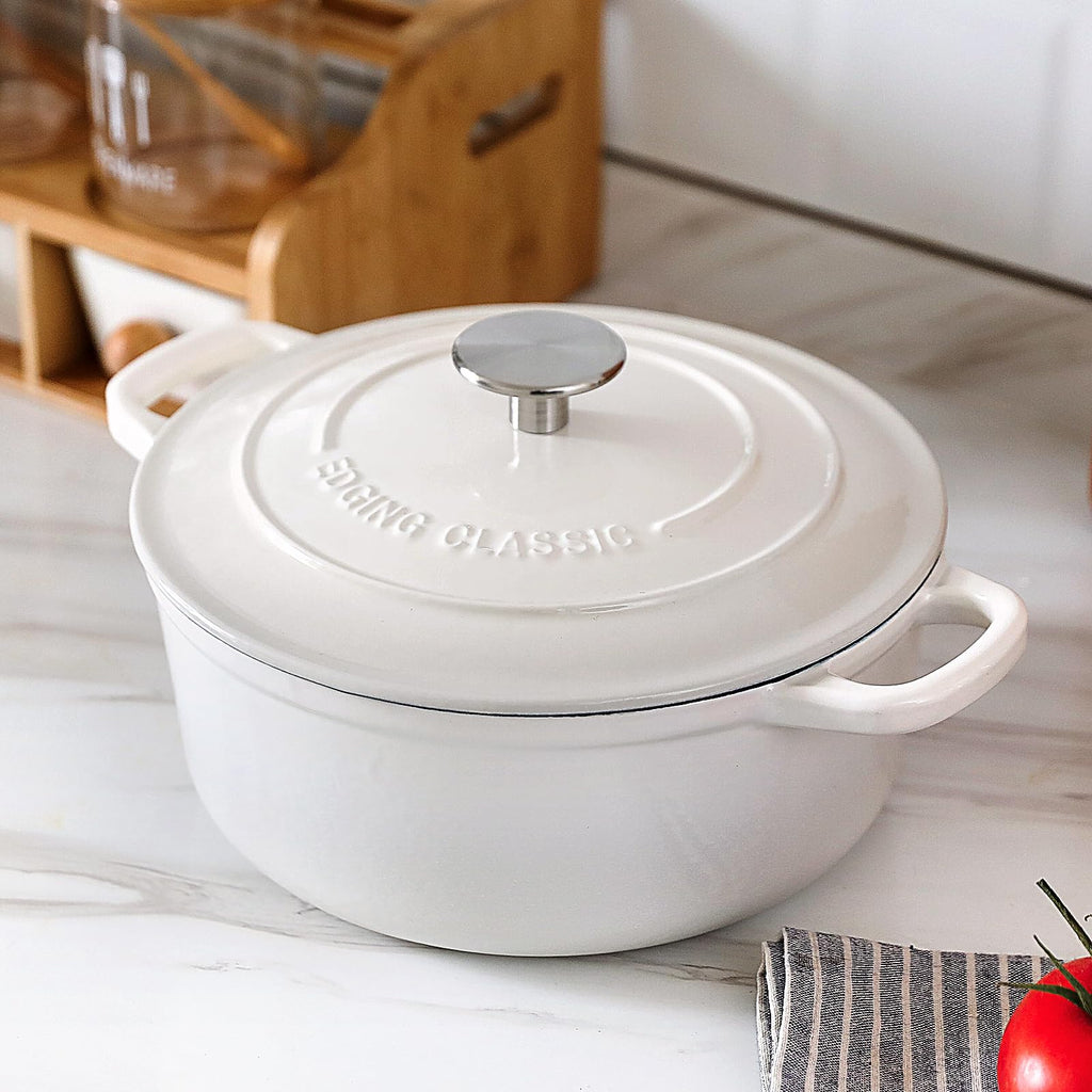 EDGING CASTING Cast Iron Dutch Oven With Lid Round Pot Enameled Covered for Bread Baking, 7 Quart, White