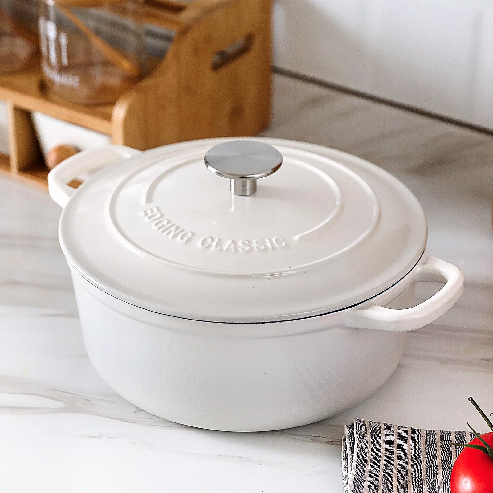 EDGING CASTING Cast Iron Dutch Oven With Lid Round Pot Enameled Covered for Bread Baking, 7 Quart, White