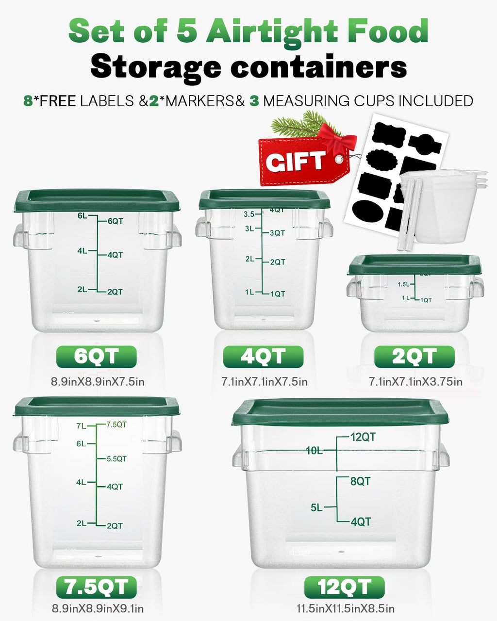2QT 2PCS NSF Commercial Clear Food Storage Containers with Lids(GREEN)