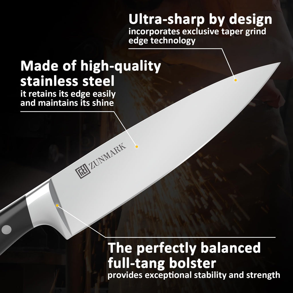 ZUNMARK Kitchen Knife Set, Professional 13 Piece Knife Set with Block and Sharpener, Sharp Chef Knife Set, Ideal for Home and Restaurants, Elegant Black