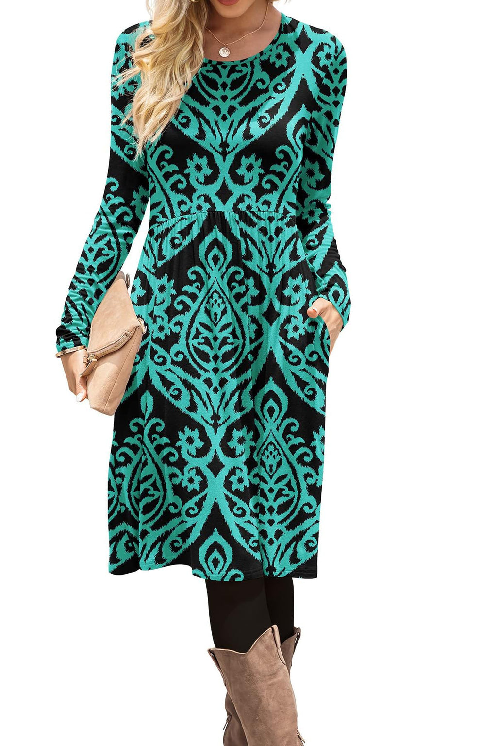 DB MOON Women Casual Long Sleeve Dresses Empire Waist Knee Length Loose Dress with Pockets (Black and Green, M)