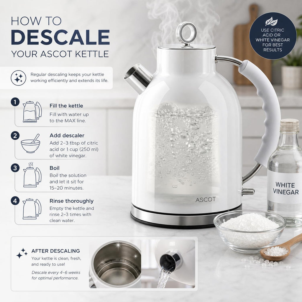 ASCOT Electric Kettle, 1.5L Stainless Steel Water Boiler, White