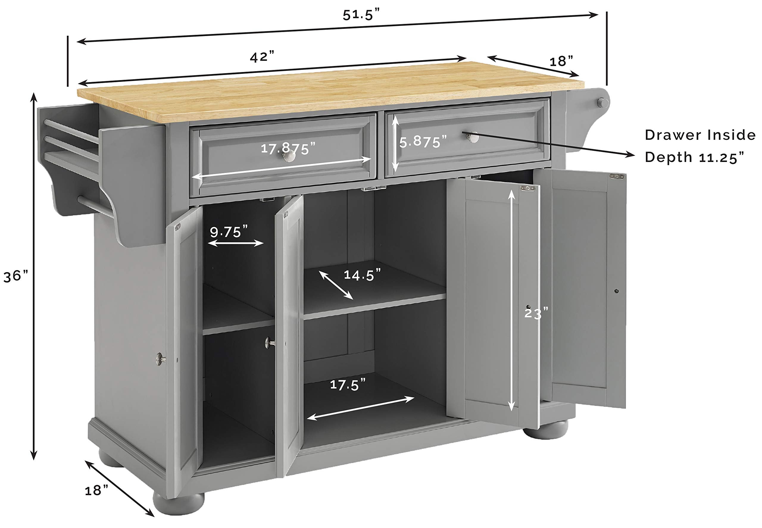 Crosley Furniture Alexandria Wood Top Rolling Kitchen Island Storage Cart, Microwave Stand, Spice Rack, Gray