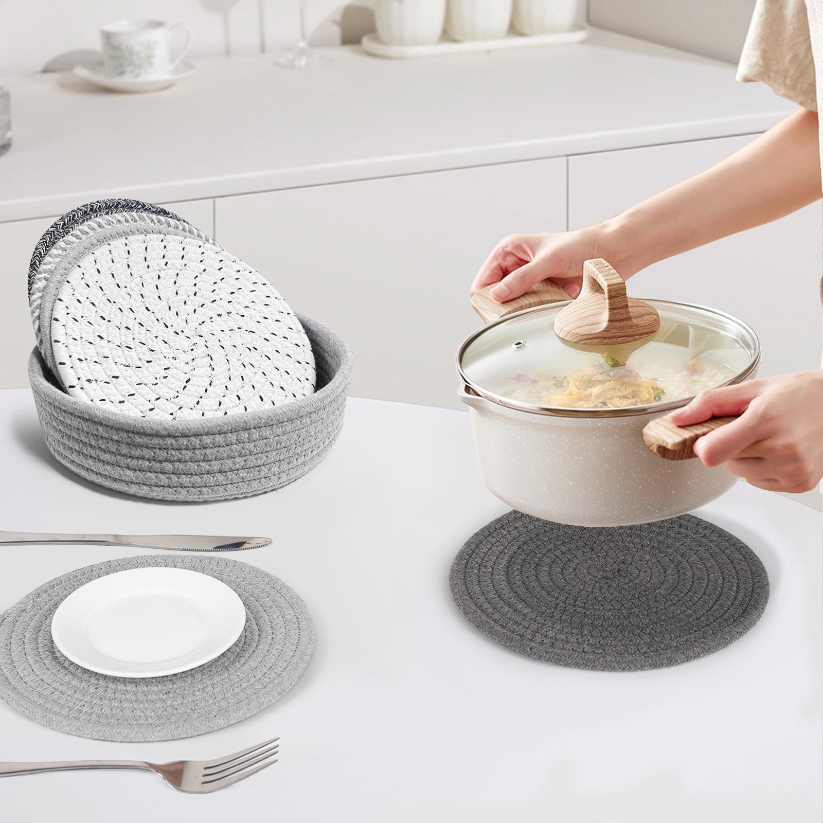 BUEDM 8 Inch Trivets for Hot Dishes, 6 Pcs Cotton Hot Pads with Basket