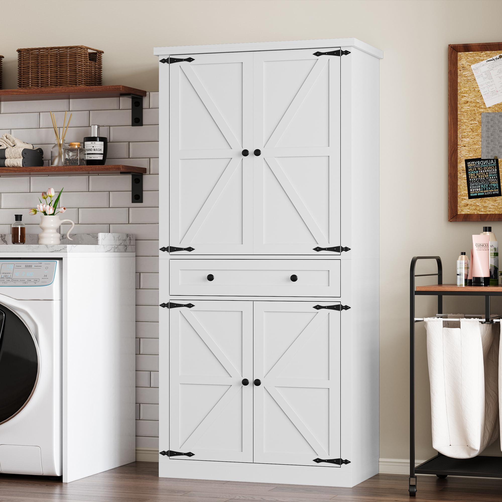 BORNOON Pantry Organizers and Storage Cabinet, 67.7” Barn Door White Kitchen Cabinet with Drawers and Adjustable Shelf, Tall Pantry for Kitchen, Dining Room, Living Room