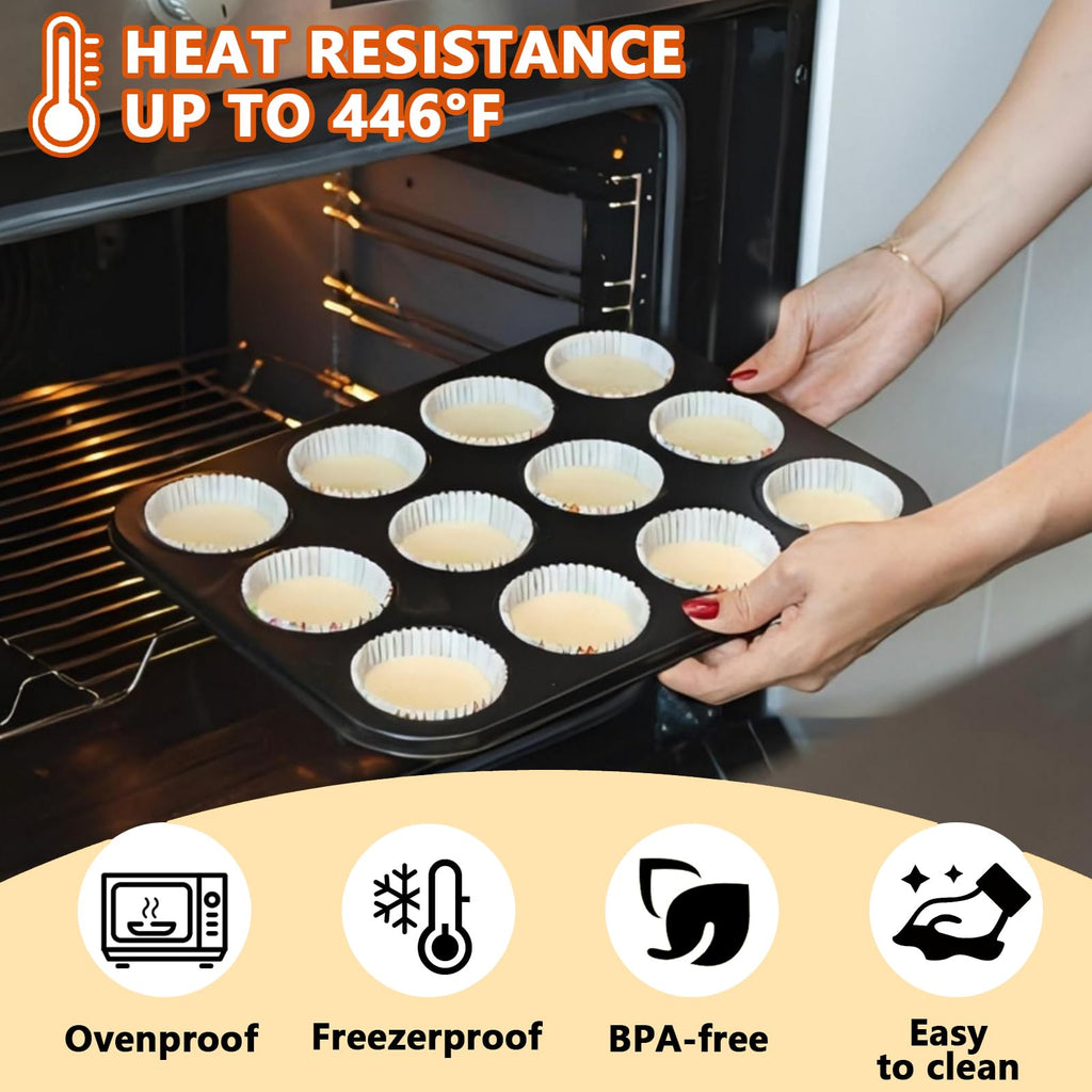 TAOUNOA Muffin Tin, 12-Well Nonstick Cupcake Pan Set of 2, Heavy Duty Steel Muffin Pan