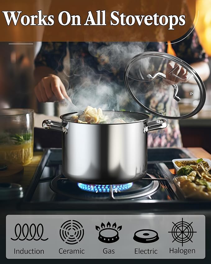 Cook N Home Stainless Steel Stockpot 8 Quart, Tri-Ply Clad Soup Pot with Glass Lid, Induction Compatible, Heavy Duty Canning Pot, Dishwasher Oven Safe, Silver