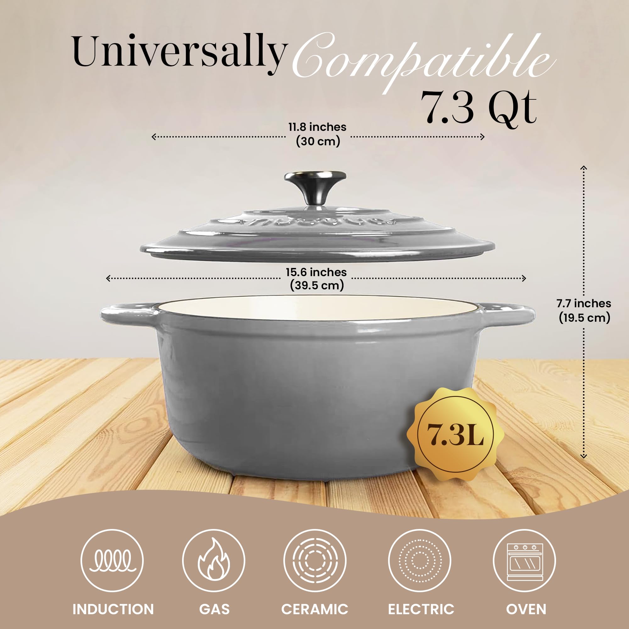 Cast Iron Dutch Oven with Lid - Non-Stick Ovenproof Enamelled Casserole Pot- Sturdy Dutch Oven Cookware - Grey, 7.3- Quart, 30cm- by Nuovva
