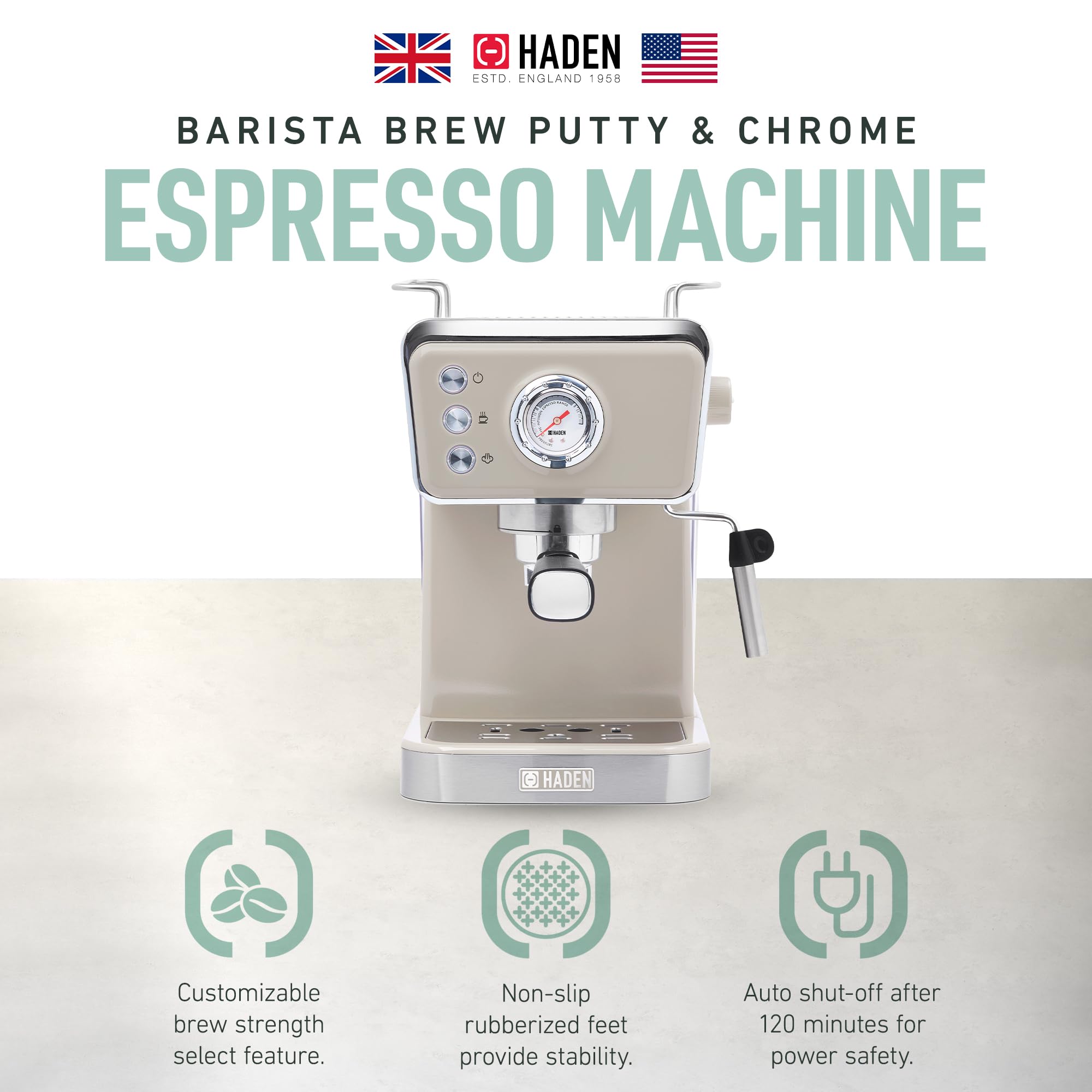HADEN Barista Brew Espresso Coffee Machine, Stainless Steel Espresso Maker with Milk Frother and Steamer Function and 1.5L Water Tank, Putty & Copper