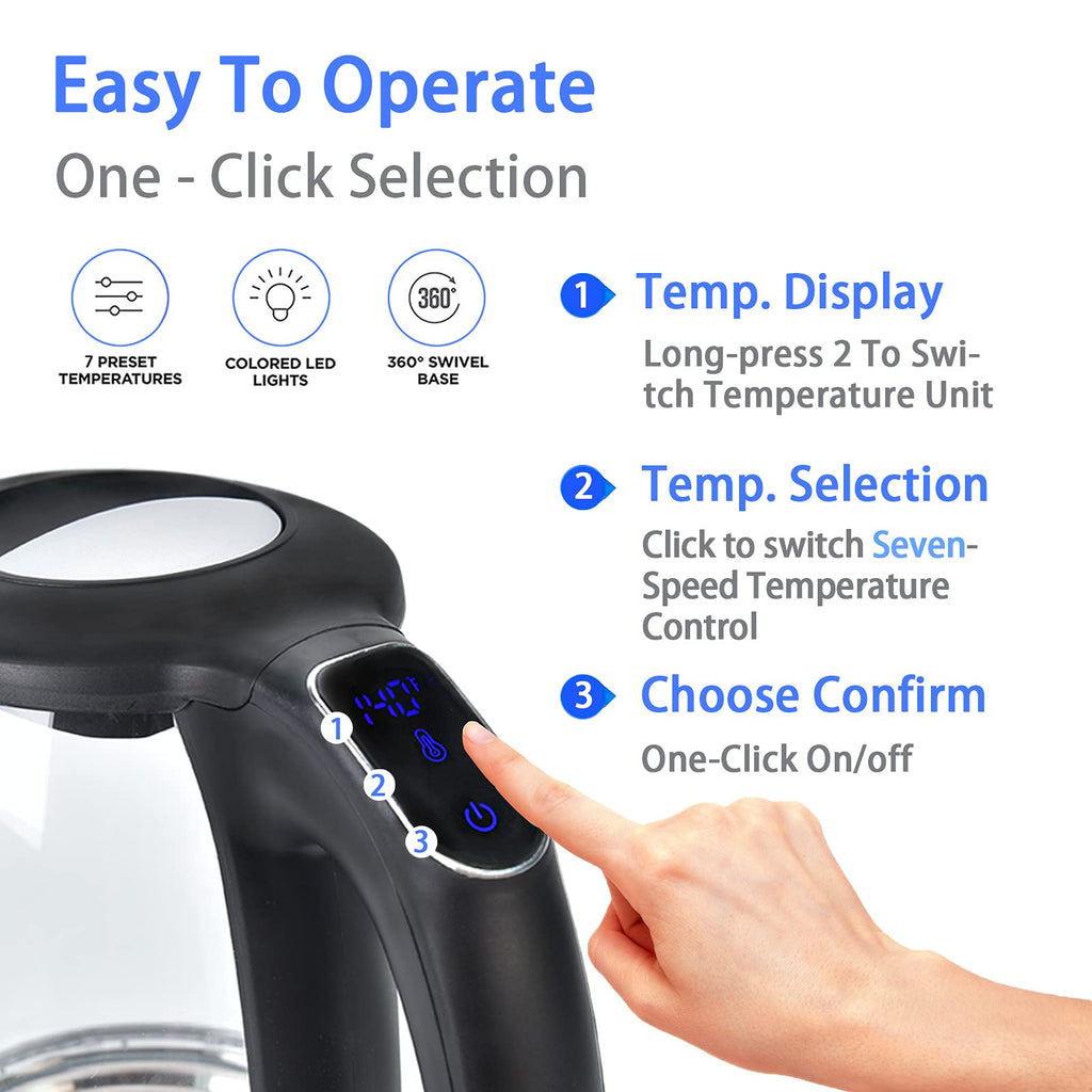 ShanSon 1.7L Electric Glass Kettle 1500W Temperature Control Fast Water Boiler BPA Free Auto Shut-off Protection Electric Teapot with Led Touch Screen and Two-year Quality Guarantee