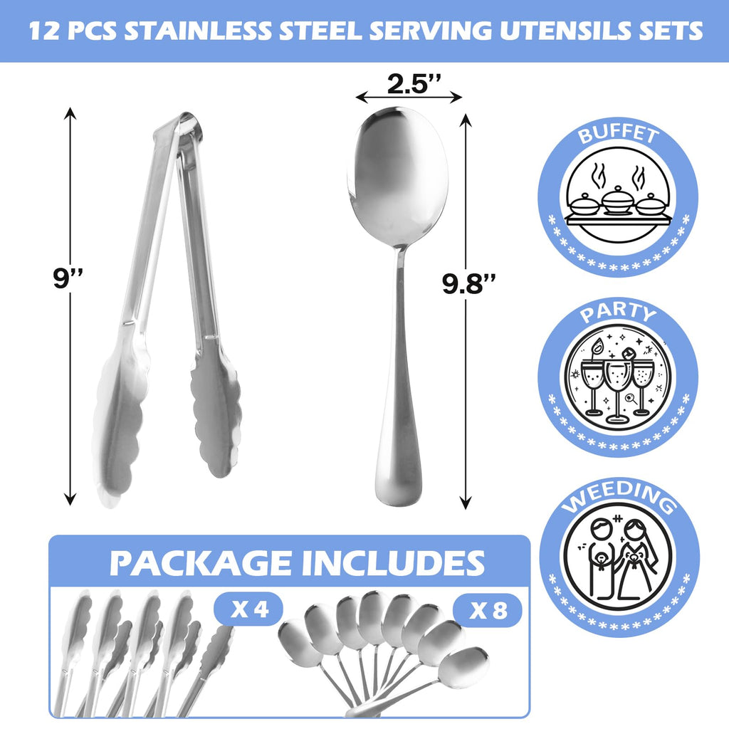 12PCS Silver Serving Utensils Set,Includes 8 large serving spoons,4 serving tongs