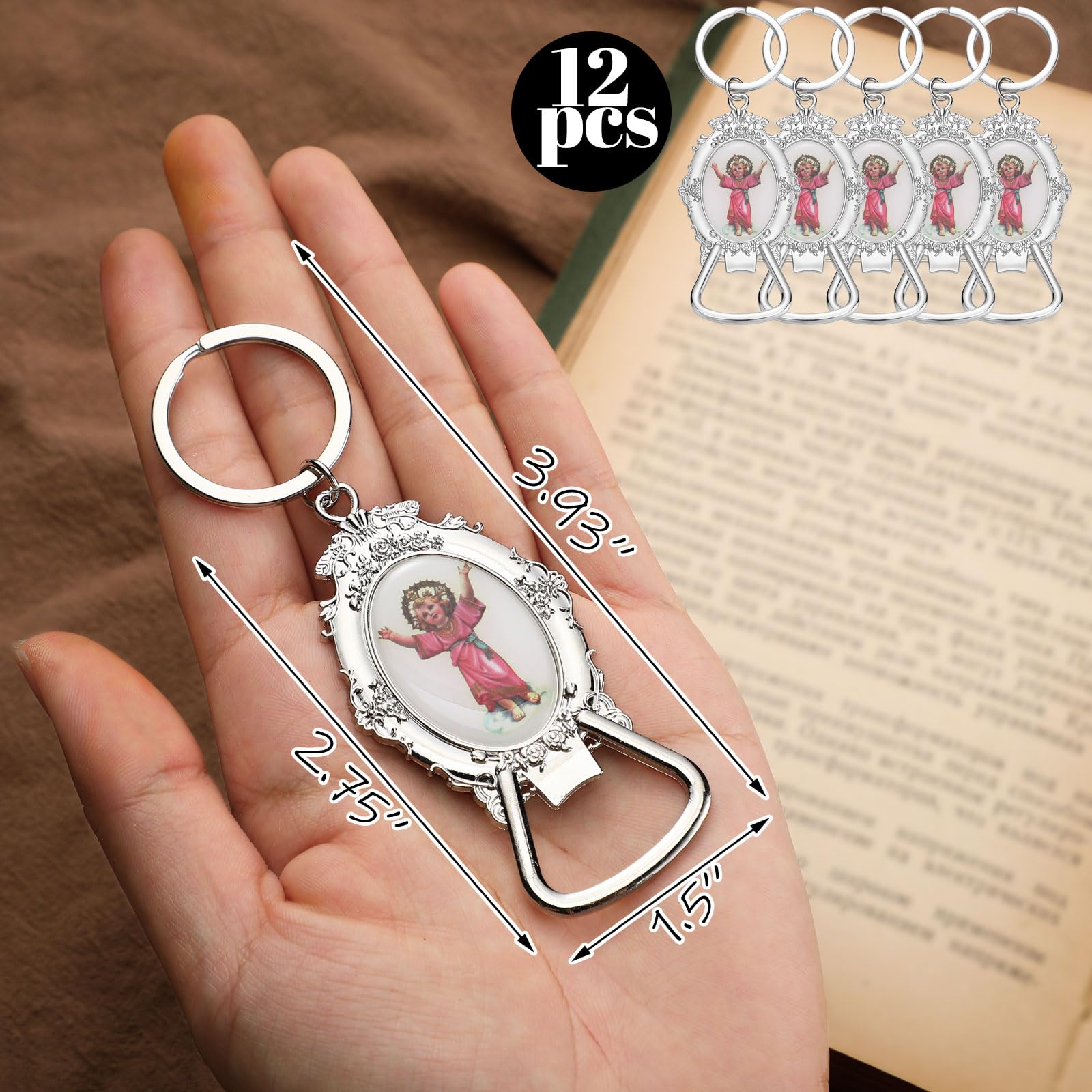 Misdary 12 Pcs Divine Jesus Bottle Opener Keychain Catholic Bottle Opener with Organza Baptism Party Favor for Guest