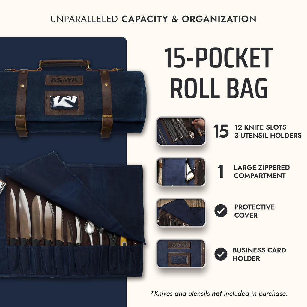 Asaya Waxed Canvas Knife Roll Bag - 15-Slot Chef Knife Bag with Leather Straps, Large Zippered Pocket and Card Holder - Carrying Case for Chefs and Culinary Students – Knives Not Included (Blue)