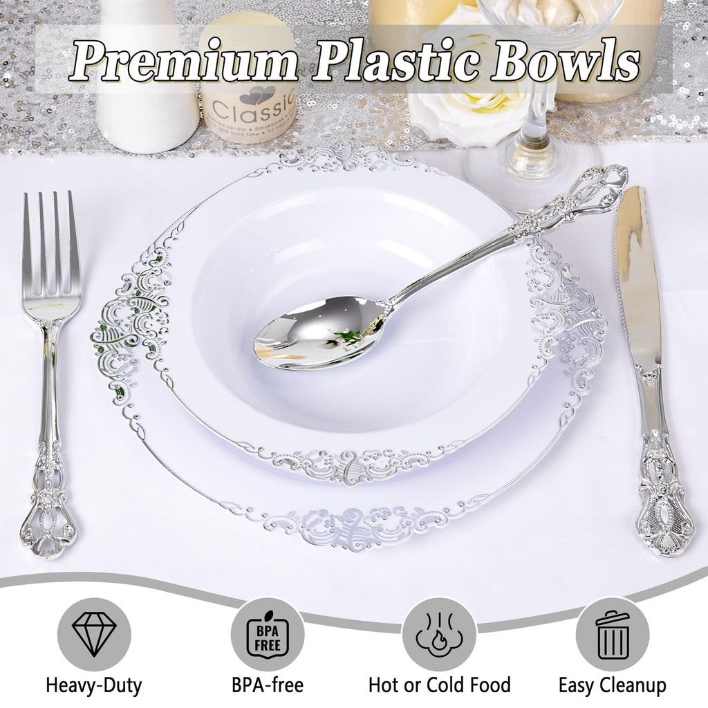 Joyido 100PCS Silver Plastic Bowls - 12 oz Silver Disposable Salad Bowls - Heavy Duty Disposable Soup Bowl - Fancy Plastic Ice Cream Bowl for Weddings Parties Dinners Picnics