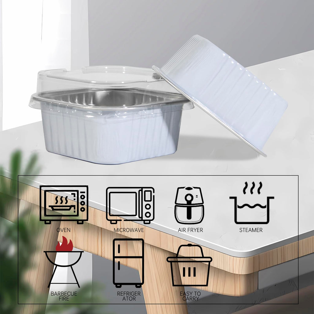 50 Pcs Mini Square Baking Cups with Lids,10oz Aluminum Foil Mini Cake Pans with Lids,Disposable Ramekins Cake Pans,300ml Dessert Cups Cupcake Pans for Wedding Birthday Party,White