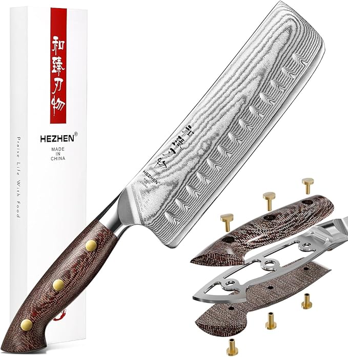 HEZHEN Nakiri Knife,7.4 Inches, 67 Layers Damascus Steel Japanese Vegetable Knife for Professional Chefs and Home, Micarta Handle,Gift Ready