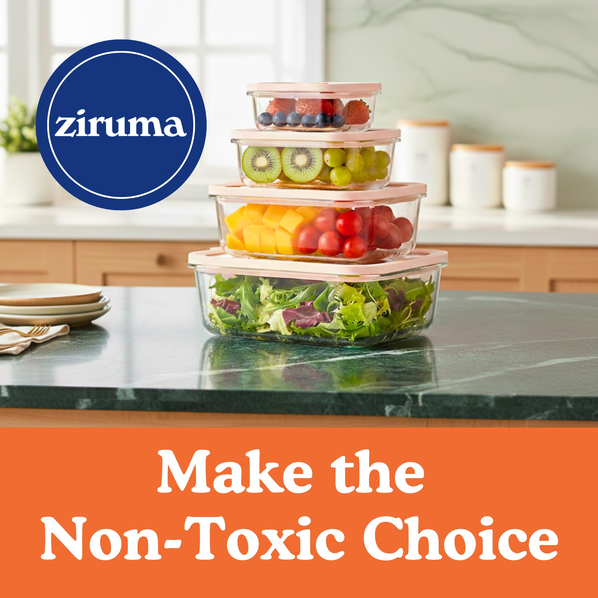 Non-Toxic Glass Food Containers with Lids, 4-Pack, 35 oz, Airtight, Beige