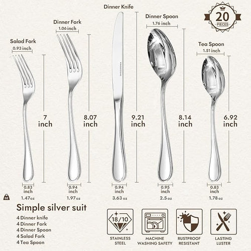 18/10 Stainless Steel Silverware Set for 4, 20 Piece Teardrop Flatware Set