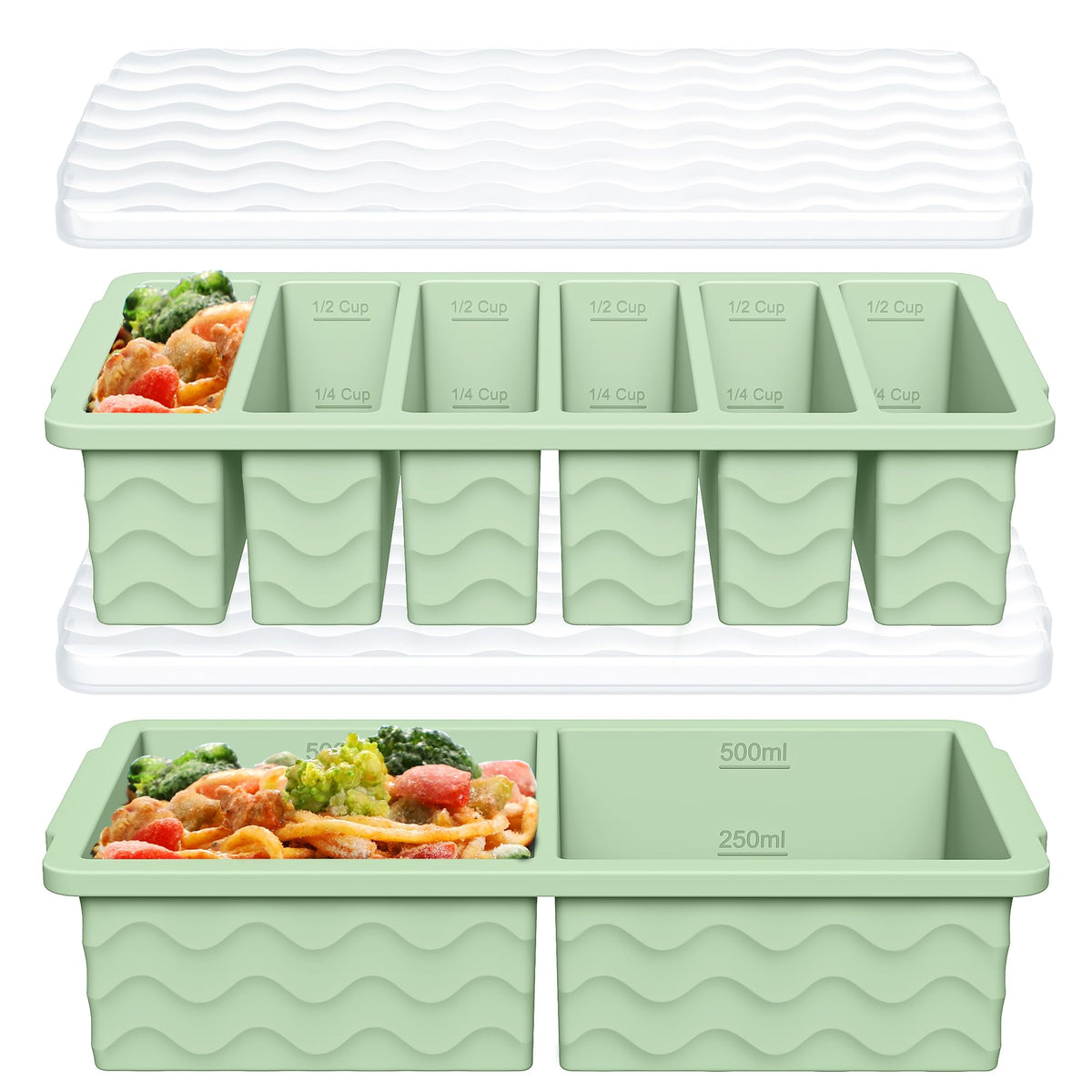 2-Pack Silicone Freezer Trays with Lid, 2 Large 2-Cup(500ml) & 6 Small 1/2-Cup(125ml) Soup Freezer Container Molds, Ice Cube Tray For Meal Prep & Freezing Soup, Stews, Sauces, Oven & Dishwasher-Safe