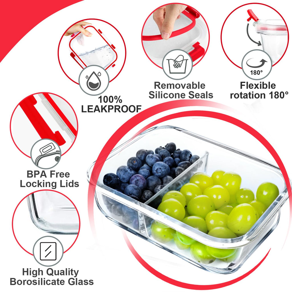 VERONES 10 PACK 30 OZ Glass Meal Prep Containers 2 Compartment Set, Red