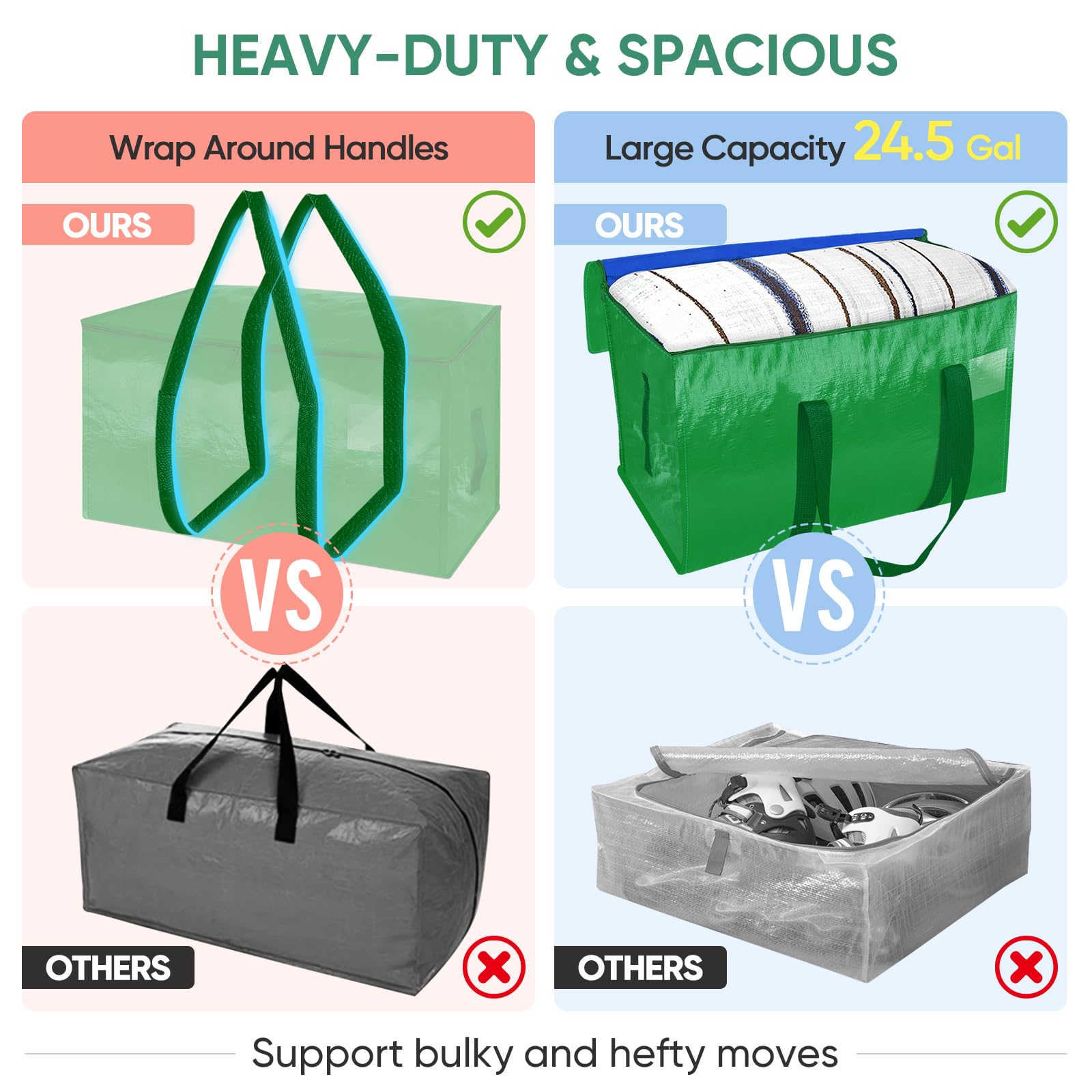BALEINE 4-Pack Oversized Moving Bags with Reinforced Handles, Heavy-Duty Storage Tote for Clothes, Moving Supplies (Light Green, 4-Pack)