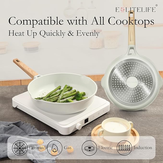 ESLITE LIFE Nonstick Ceramic Frying Pan Skillet with Lid, Non-Toxic Egg Omelette Kitchen Cooking Pans Compatible with All Stovetops (Gas, Electric & Induction), PTFE & PFOA Free (White, 11" w/Lid)