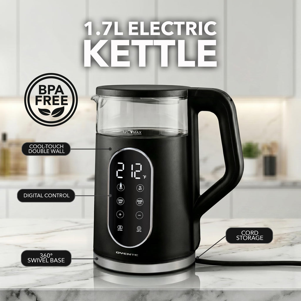 OVENTE 1.7L Electric Kettle with Digital Touchscreen, 1500W, Black KD96B