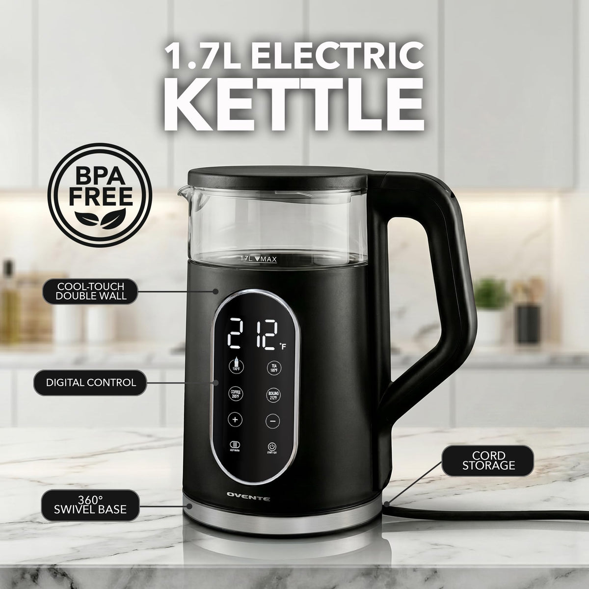 OVENTE 1.7L Electric Kettle with Digital Touchscreen, 1500W, Black KD96B