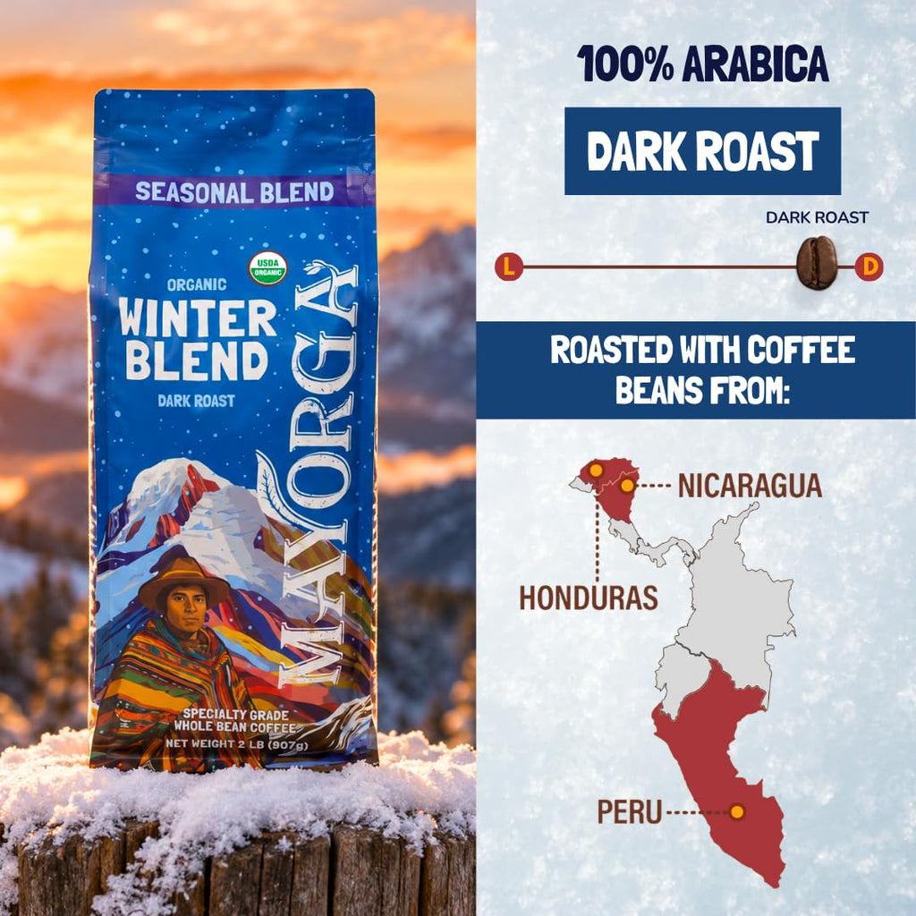 Mayorga Seasonal Dark Roast Coffee, 2 lb bag - Winter Blend Coffee Roast - 100% Arabica Whole Coffee Beans - Bold & Smooth Organic Coffee - Specialty Grade, Non-GMO, Direct Trade, Kosher