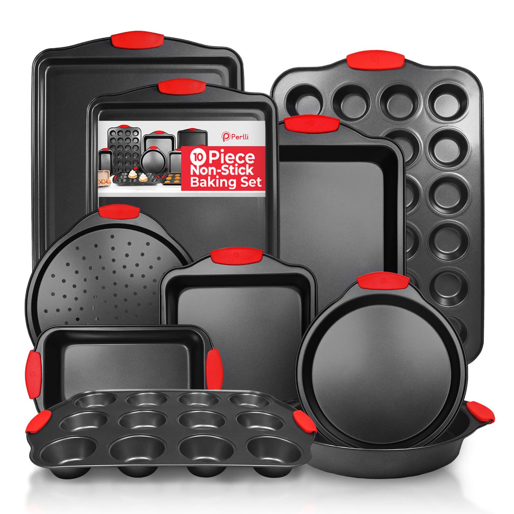 PERLLI Non-Stick 10-Piece Baking Pan Set, BPA-Free Carbon Steel Bakeware Set with Silicone Handles, Stackable Kitchen Oven Set, Cookie Sheet, Baking Tray, Baking Sheet Set, Oven Safe (446°F)
