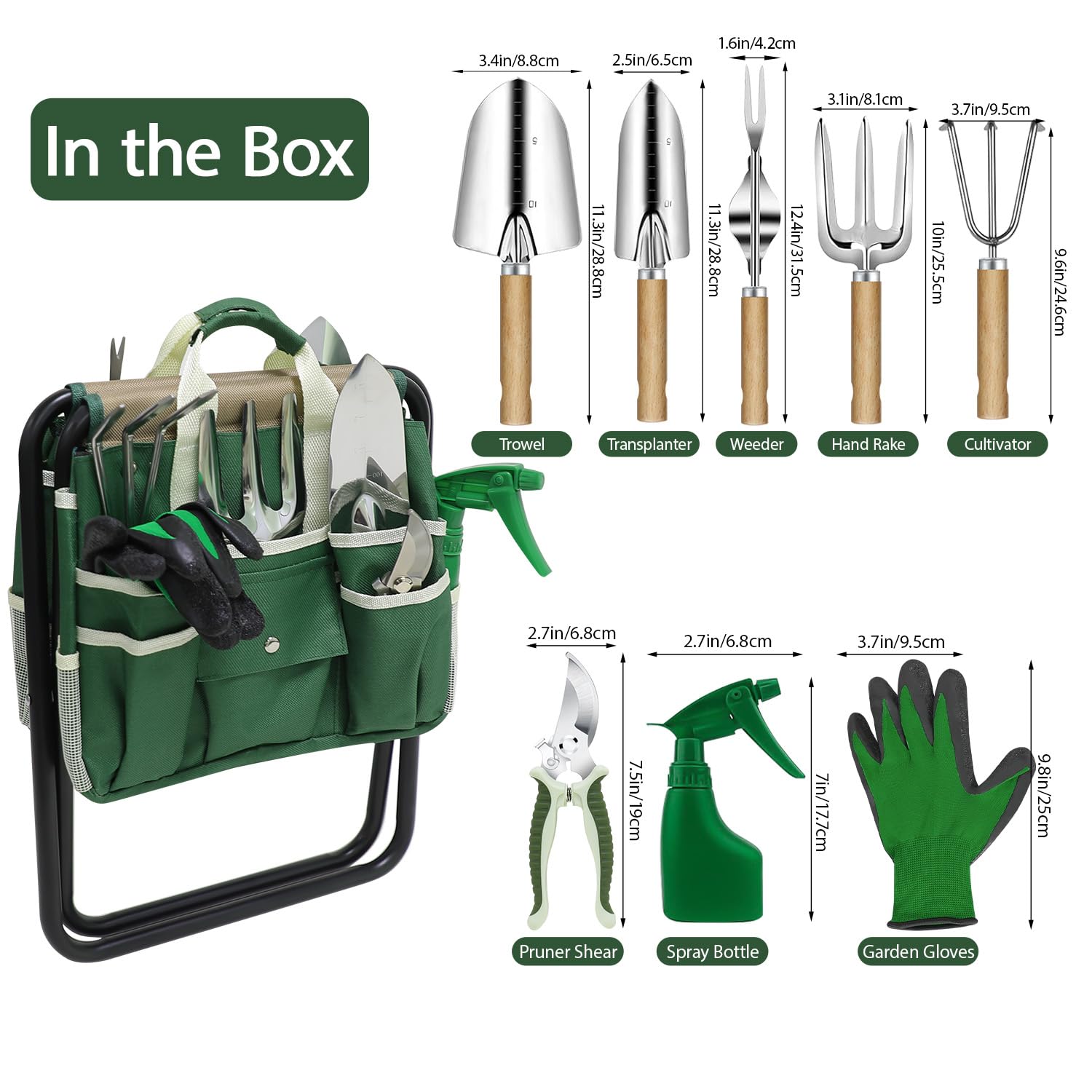 HoHaing Garden Tool Set, 10 Piece Kit with Heavy Duty Folding Stool, Detachable Storage Tote Bag, Stainless Steel Tools, Gifts for Women Men Green