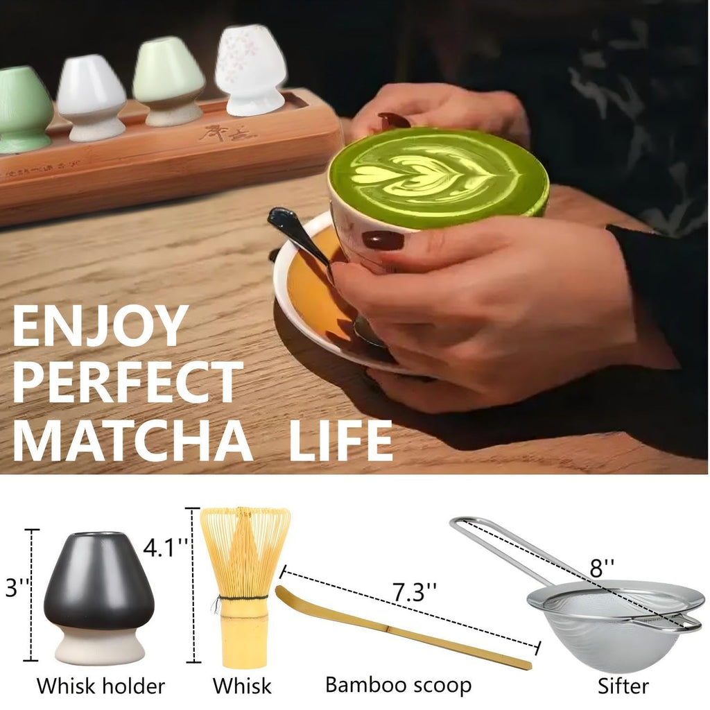 Matcha Tools ，Matcha Whisk Holder， Matcha Chasen Whisk Stand ，Ceramic Holder ，Matcha Bowl ，Traditional Japanese Tea Ceremony Starter (Cyan Ceramic Holder，Whisk ， 4 set)
