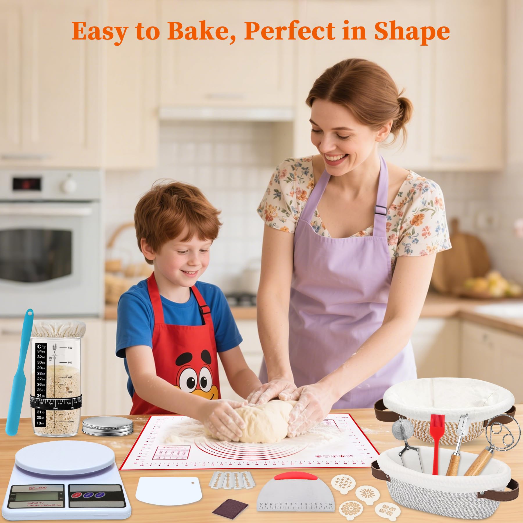 Aliggbent 38Pcs Sourdough Bread Baking Supplies – 11'' Oval & 10'' Round Cotton Rope Banneton Bread Proofing Baskets with Liners & Covers, Sourdough Starter Jar Kit, Scale, Bags & Bread Making Tools