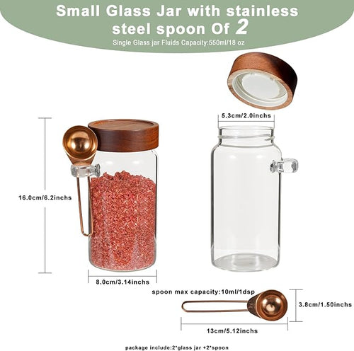 18oz Glass Coffee Jars with Scoop Wood Screw Lid Clear Round Spice Jar Herb Container Sugar Storage Bottle Canister for Seasoning Meal Prep Tea Coffee Ground Bean Salts (2×550ml(18oz)with spoon)