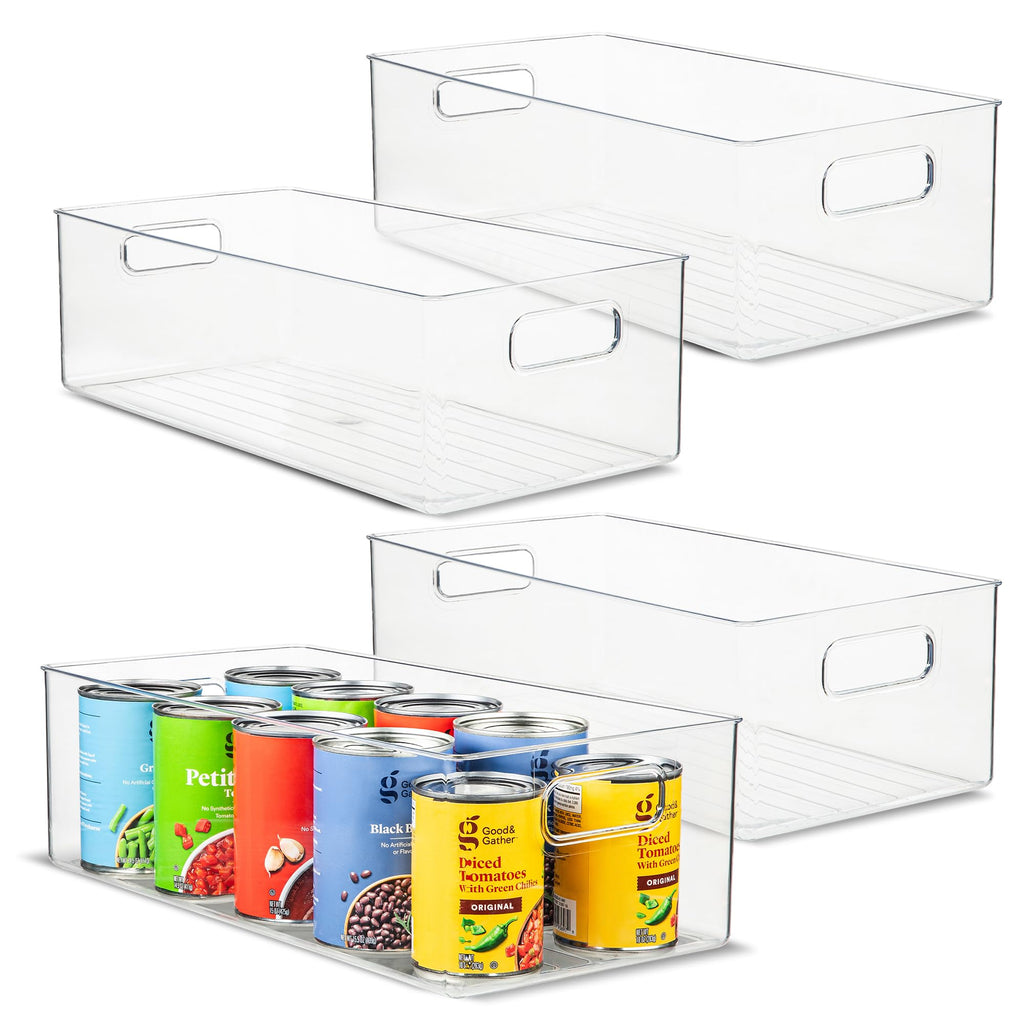 Plastic Food Storage 4 Pack Clear Container Bin with Handles for Organizing Kitchen, Pantry, Refrigerator, Freezer, Pantry, Cabinet, Closet, Bathroom. 14”x8”x5”