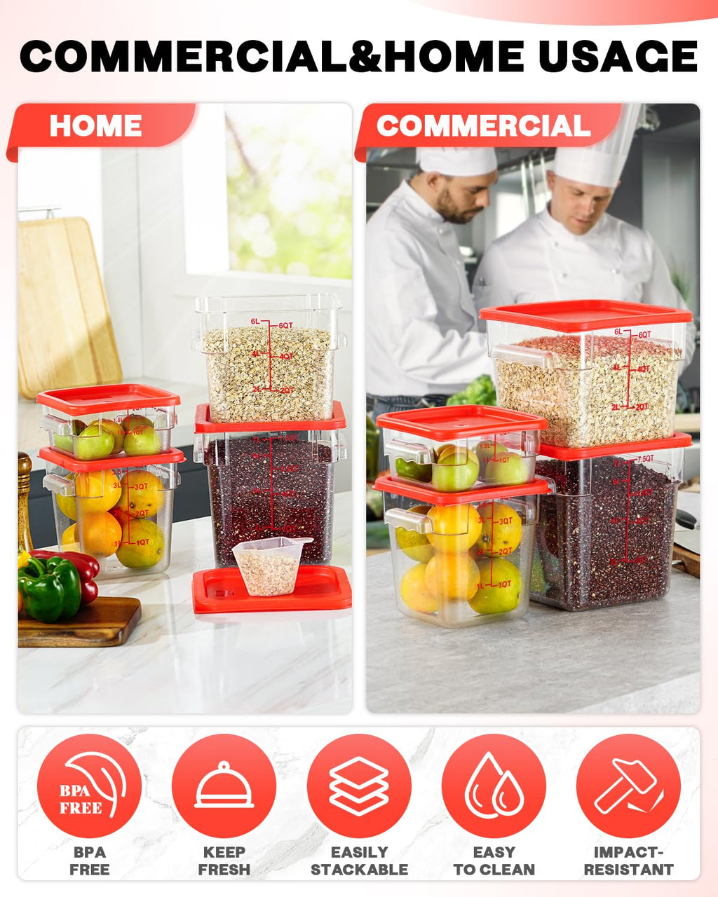 SVKLHY 4QT 4PCS NSF Commercial Clear Food Storage Containers with Lids(RED)