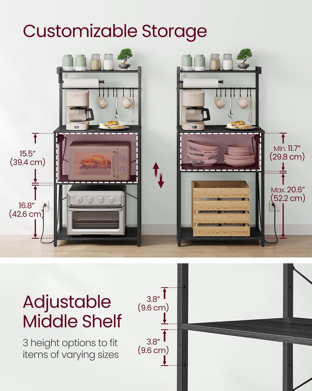 VASAGLE BARNET Collection - Kitchen Bakers Rack with Power Outlet, 23.6-Inch Wide Coffee Bar 4-Tier with 8 S Hooks, Modern Microwave Stand, Adjustable Shelf, Charcoal Gray and Ink Black UKKS014B01V1