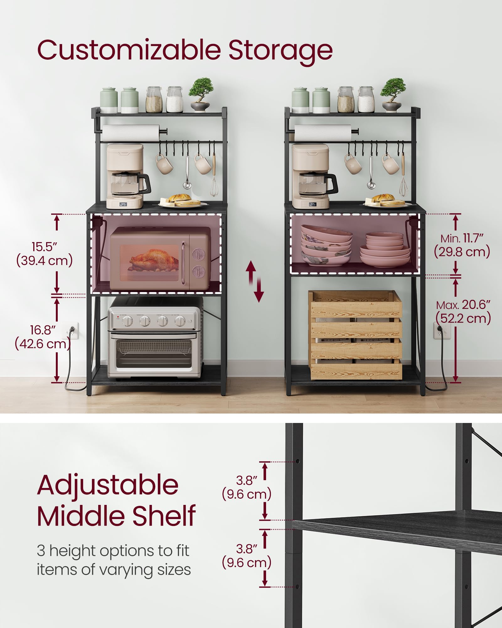 VASAGLE BARNET Collection - Kitchen Bakers Rack with Power Outlet, 23.6-Inch Wide Coffee Bar 4-Tier with 8 S Hooks, Modern Microwave Stand, Adjustable Shelf, Charcoal Gray and Ink Black UKKS014B01V1