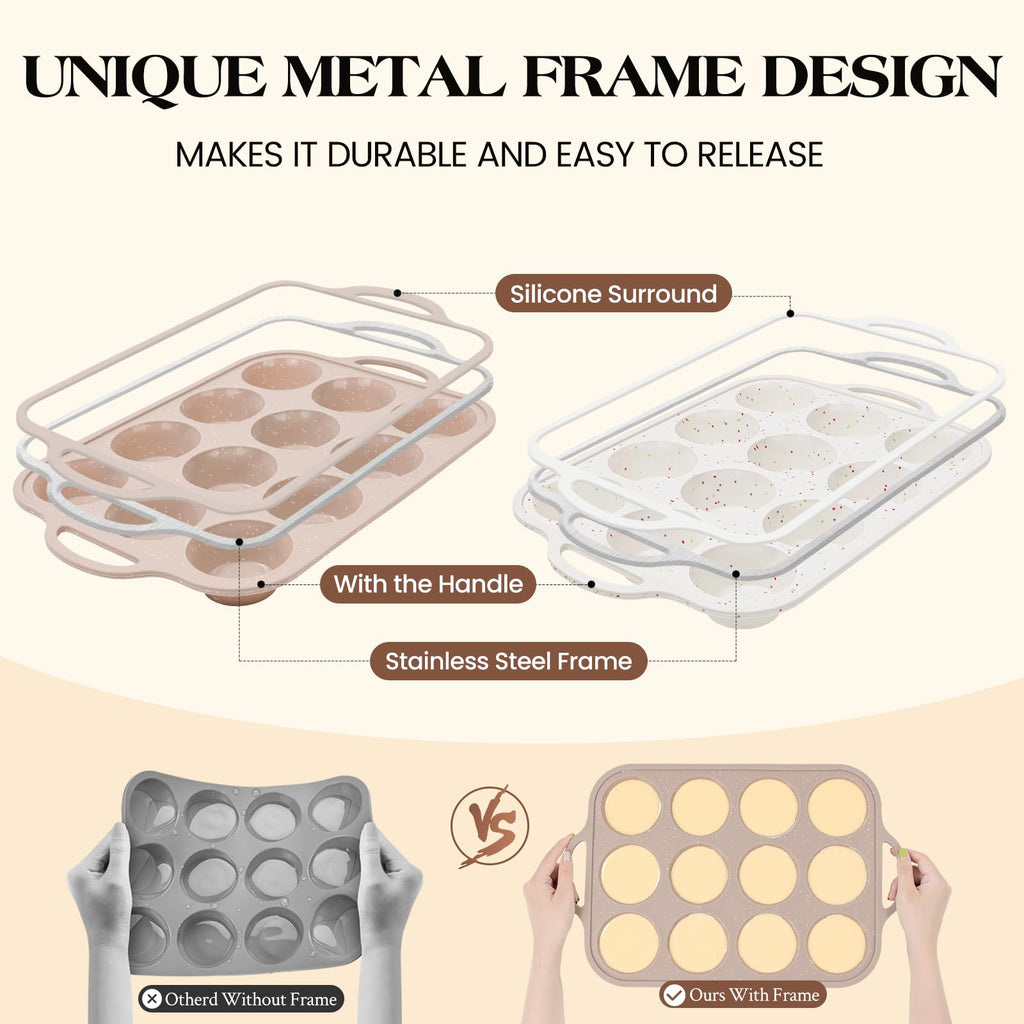 Vinino 2Pack Silicone Muffin Pans for Baking with Metal Reinforced Frame, 12 Cups Regular Size Nonstick Silicone Cupcake Pan, BPA Free Oven Dishwasher Safe Baking Mold for Muffins Cupcakes