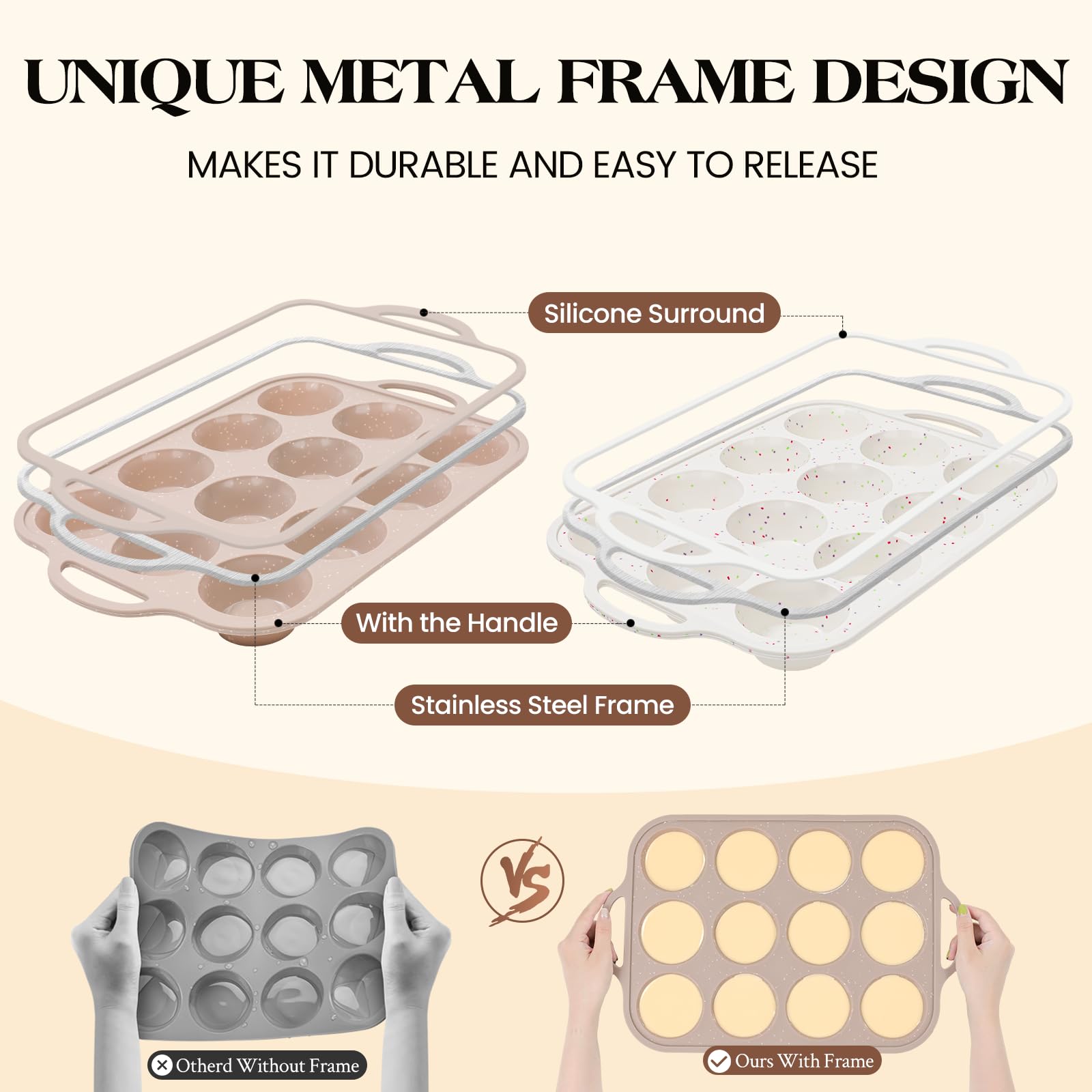 Vinino 2Pack Silicone Muffin Pans for Baking with Metal Reinforced Frame, 12 Cups Regular Size Nonstick Silicone Cupcake Pan, BPA Free Oven Dishwasher Safe Baking Mold for Muffins Cupcakes