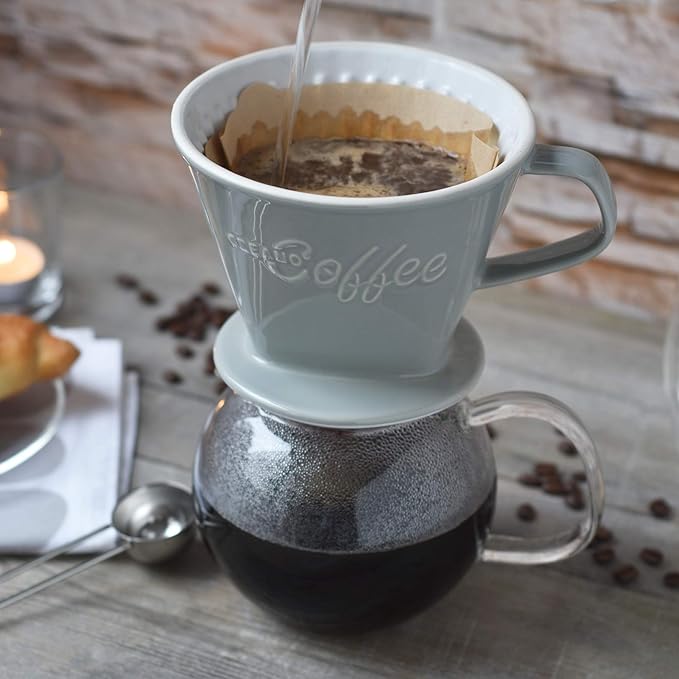 Creano XXL Porcelain Coffee Dripper Stone Grey - Ceramic Cone Brewer - Pour Over Coffee Maker - Filter Size 4 - huge and heavy quality 800gr/28oz - 6 Colours availeble