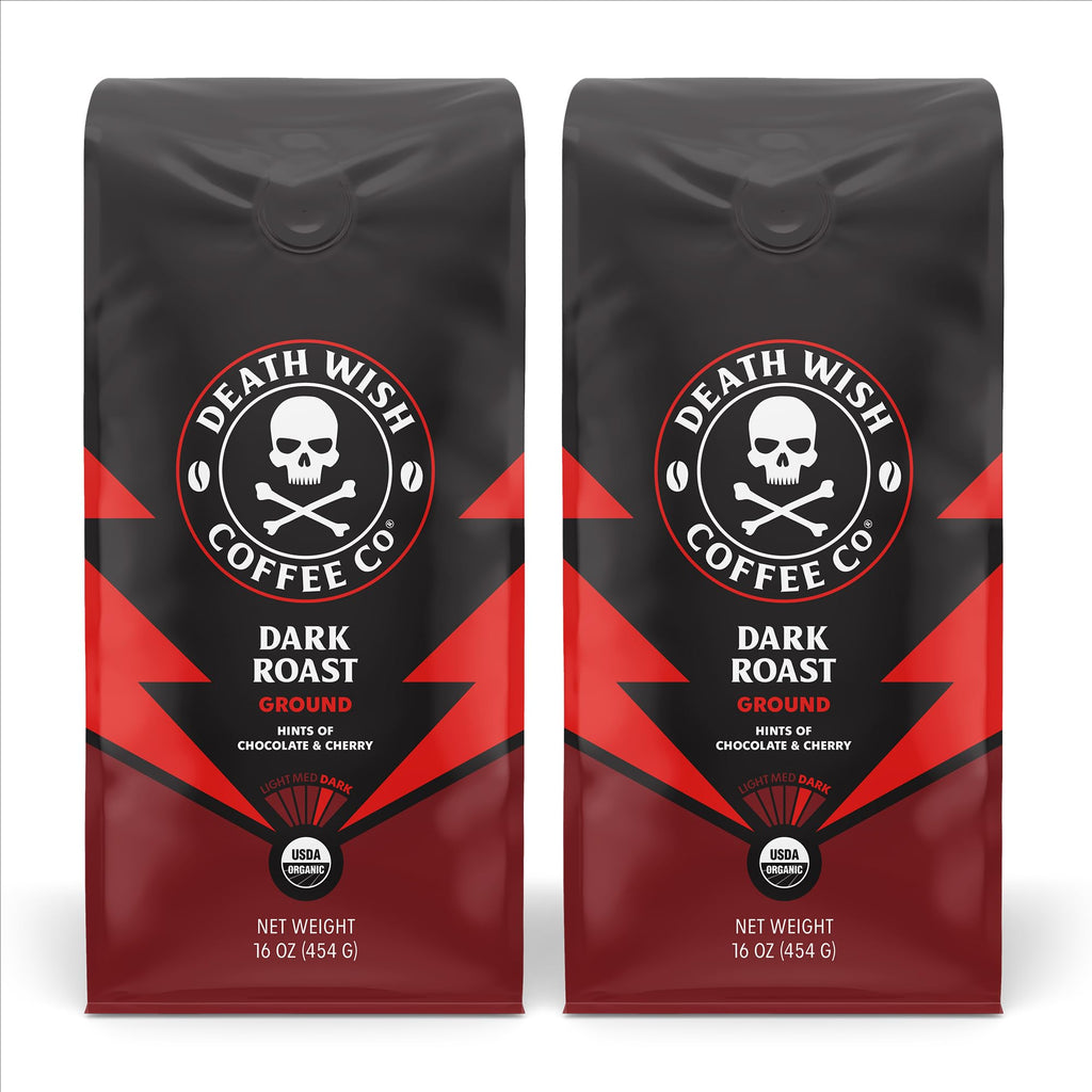 Death Wish Coffee Organic Dark Roast Ground Coffee, 16 oz (2 Pack)