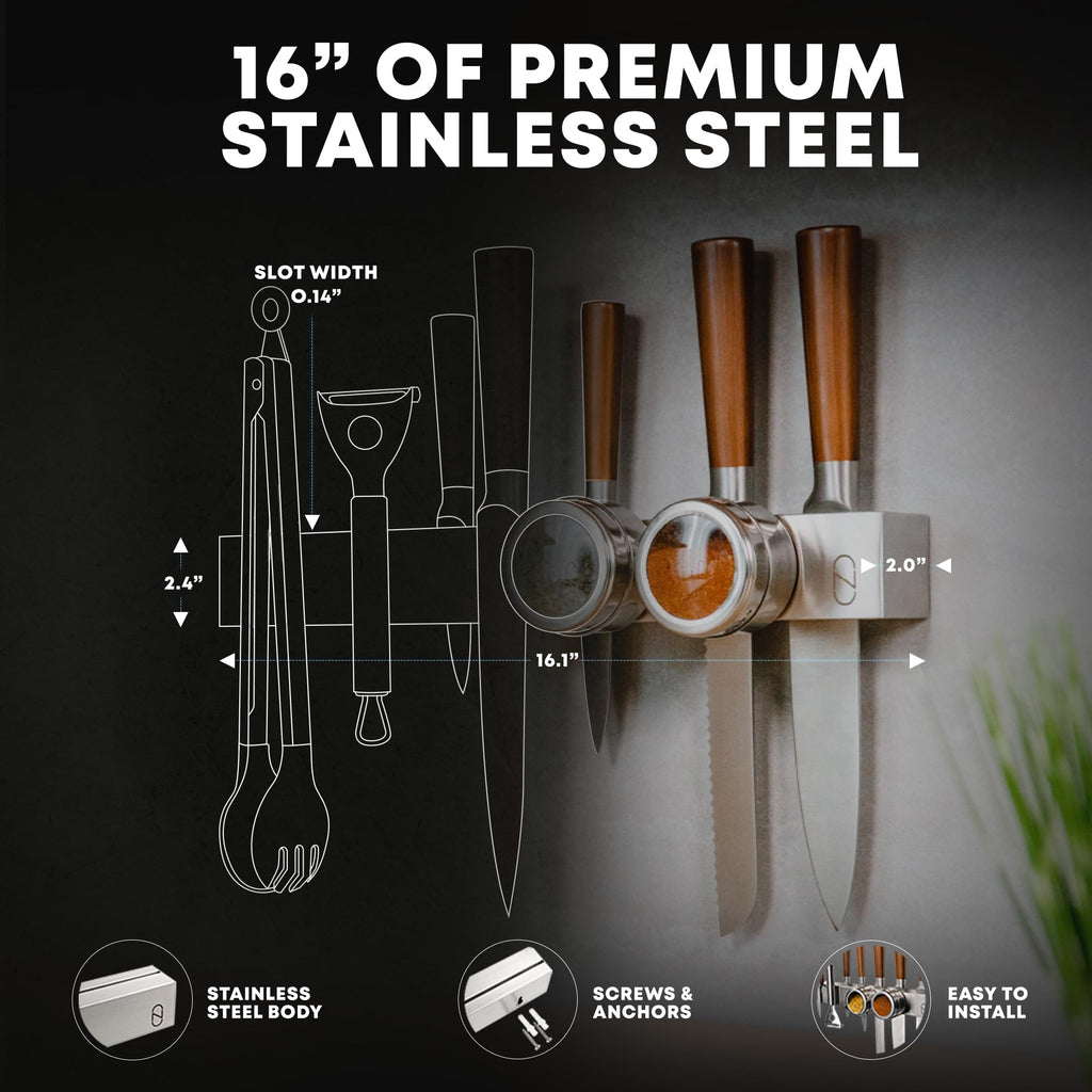 16" Adhesive Magnetic Knife Holder for Wall (No Drill) with 2x Storage - Safe, Patented Storage Design - Stainless Steel Magnet Knife Holder Strip - Magnetic Kitchen Organizer, Tool Storage