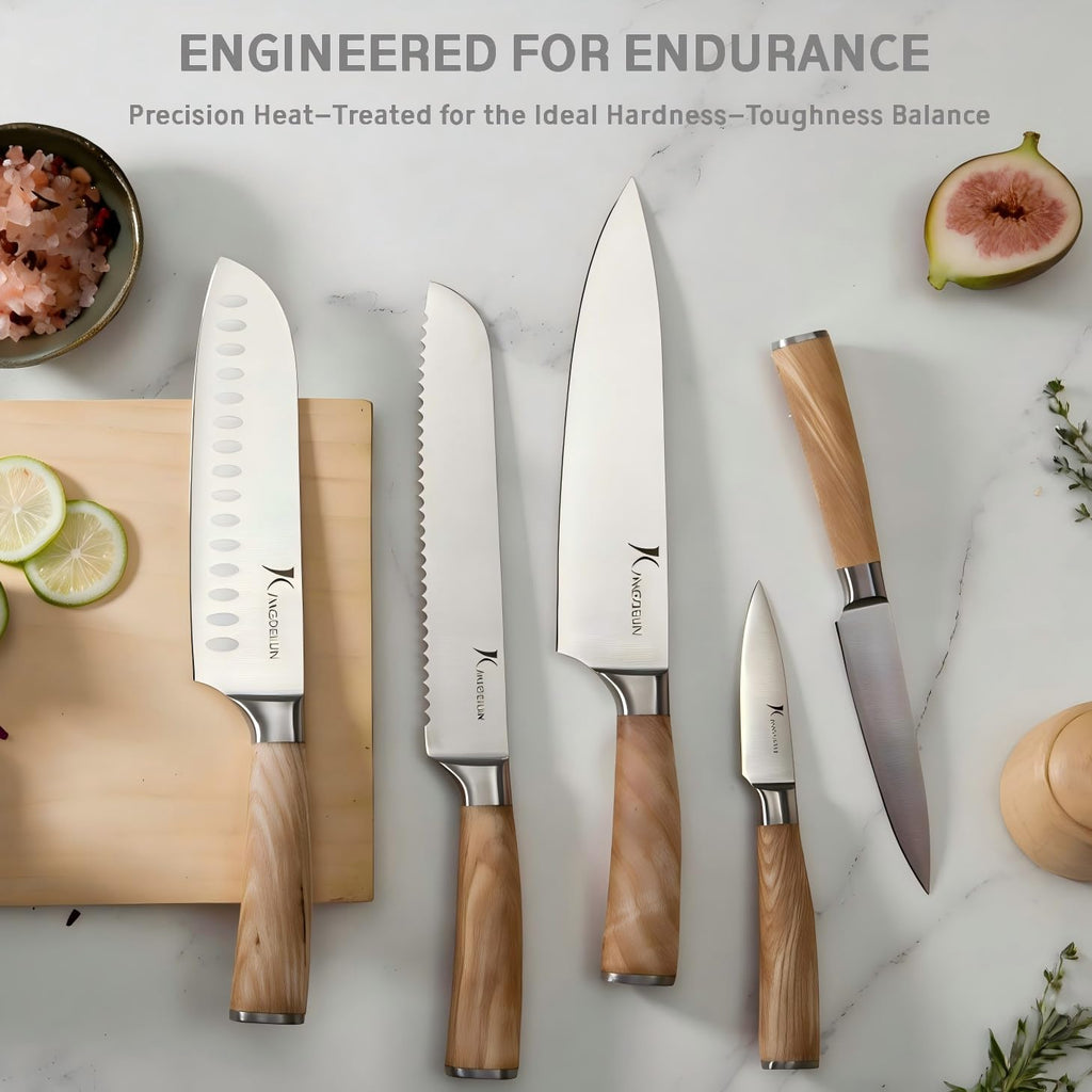 Kangdelun Ultra Sharp 15-Piece Kitchen Knife Set, High Carbon Stainless Steel Blades, Torrefied Natural Wood Handles, Ergonomic Design, Space-Saving Black-Finished Wood Block, Easy Hand Wash, Gift Box