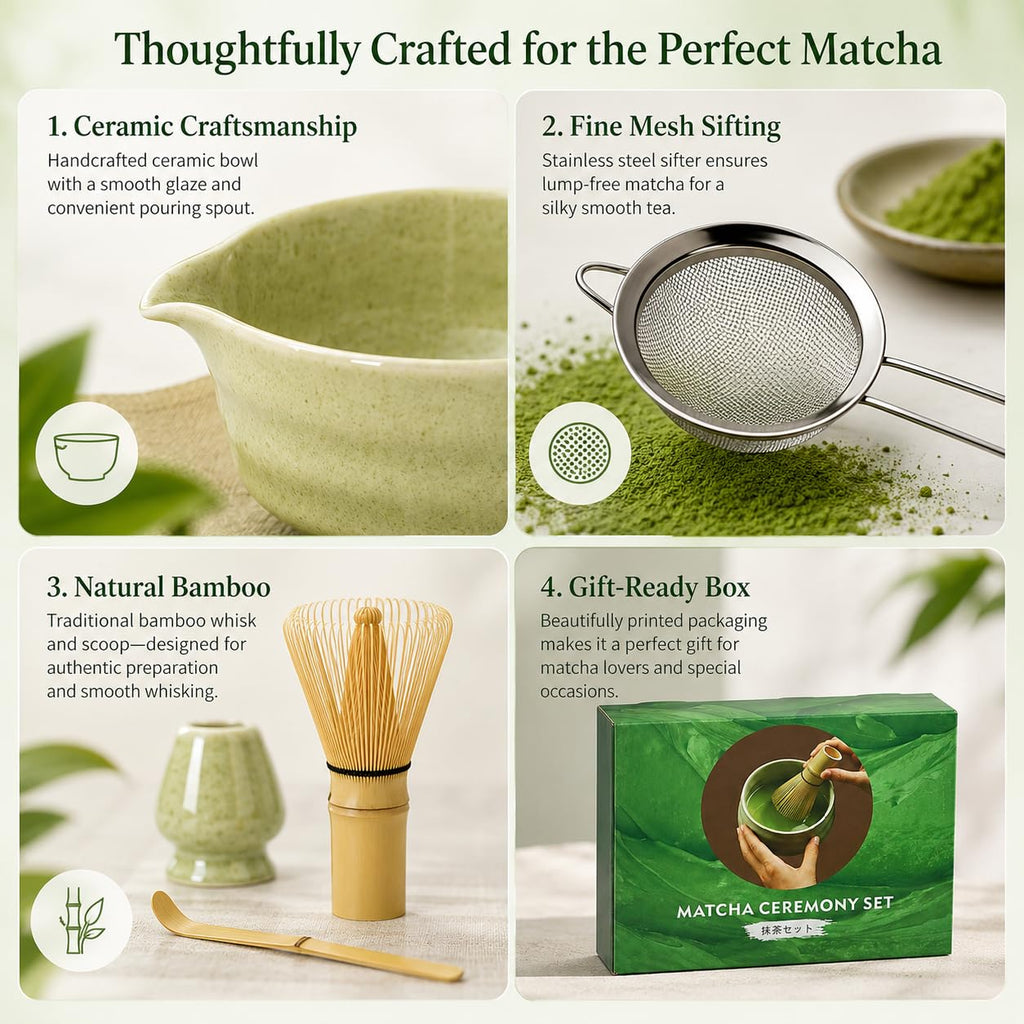Rzoklot Matcha Tea Set – Japanese Matcha Bowl with Spout, Bamboo Whisk, Scoop, Holder & Strainer – Complete Ceremonial Matcha Kit for Beginners & Gift-Giving, Green