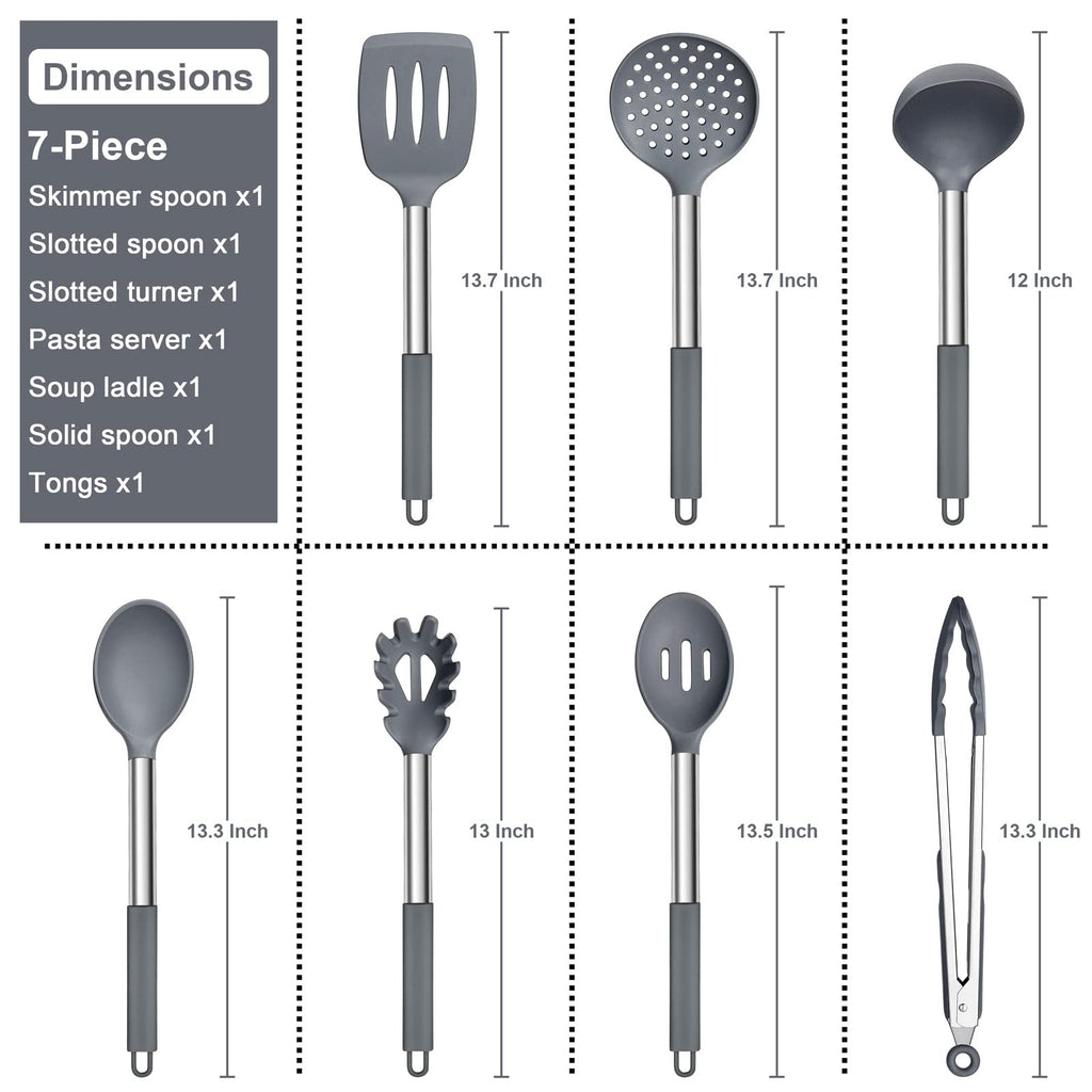 E-far Silicone Cooking Utensils Set, 7 Pcs Heat Resistant Kitchen Utensils with Stainless Steel Handle, Slotted Turner, Spoon, Soup Ladle, Pasta Server, Skimmer, Tongs for Nonstick Cookware, Gray
