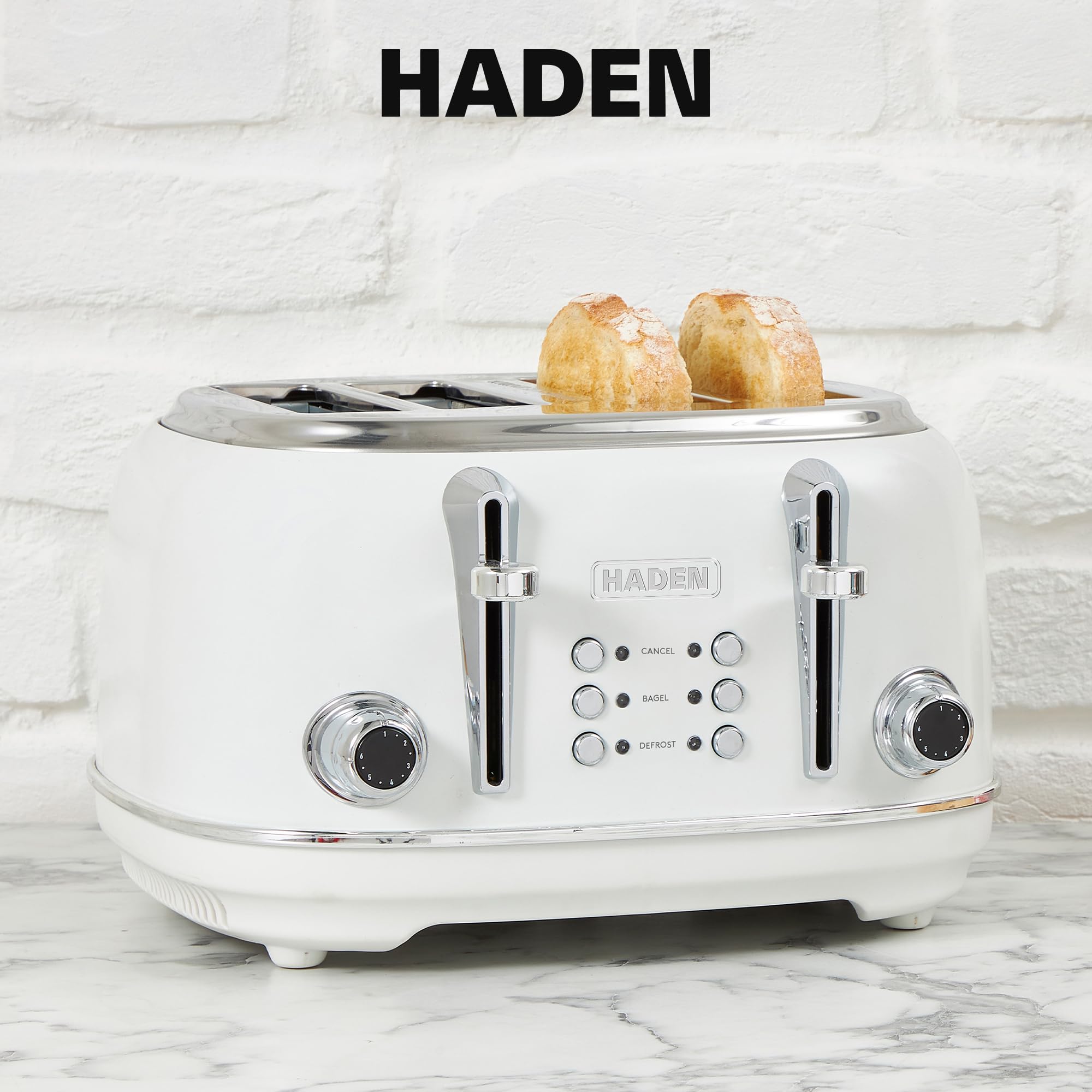 Haden Heritage Stainless Steel Body Retro Electric Tea Kettle, White and Haden Heritage 4 Slice Wide Slot Stainless Steel Retro Toaster, White