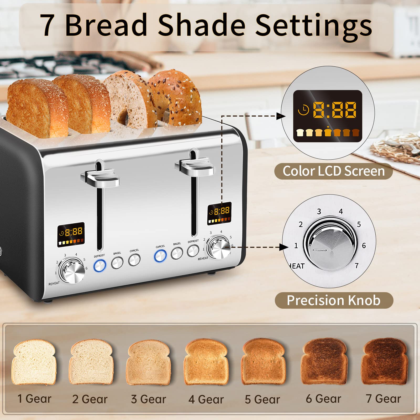SEEDEEM 4 Slice Stainless Steel Toaster, LCD Display, Wide Slots