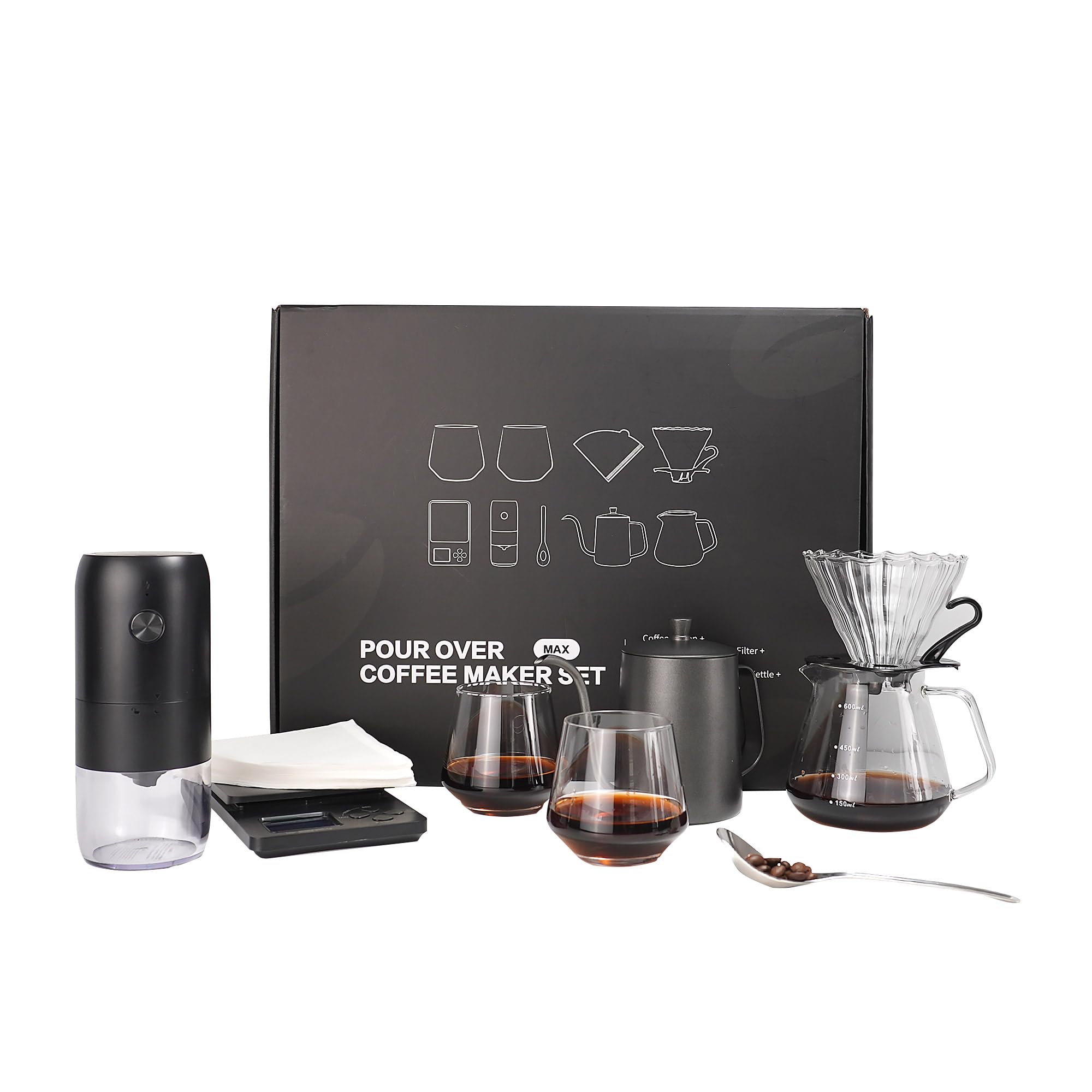 SuperCook Coffee Pour Over Kit Hand Drip with Kettle, Electric Grinder, Camping Travel Coffee Kit Ideal for Anniversary Birthday Gift