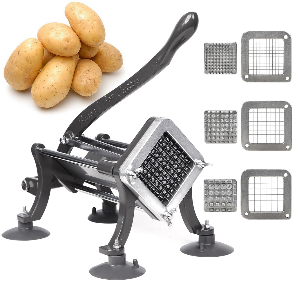 French Fry Cutter Commercial Potato Slicer with Suction Feet Complete Set, Includes 1/4", 3/8",1/2", Gray